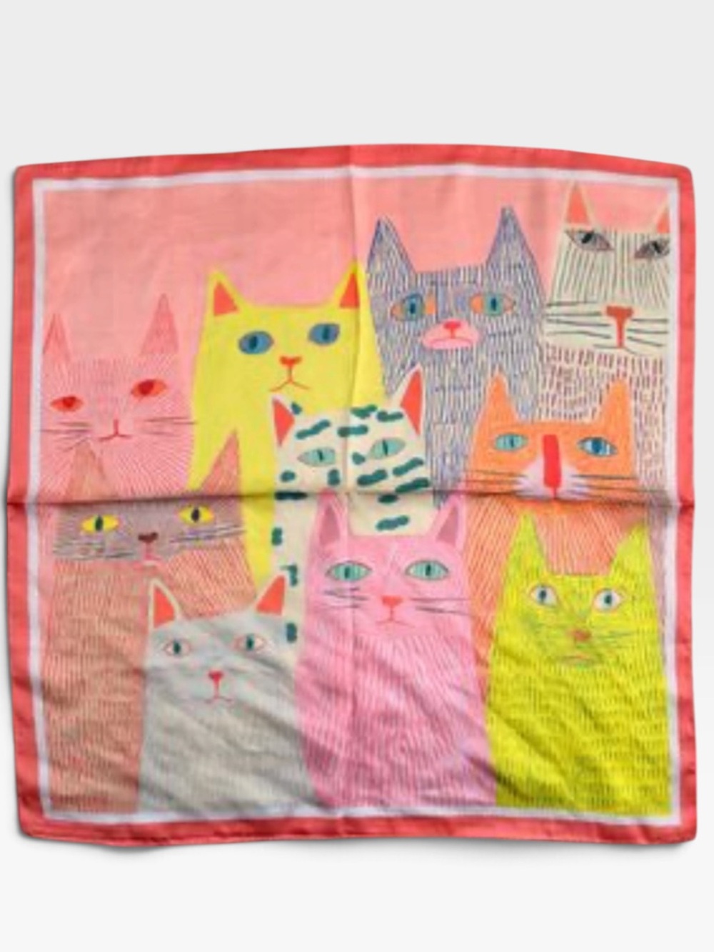 Colorful Cat Print Silky Scarf polyester approximately 27” x 27”